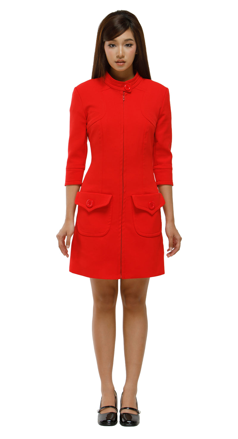 Woman wearing a red dress with a white background