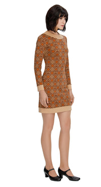 Indulge in seventies nostalgia with our Fitted Jersey Retro Style Autumn Dress, showcasing a rich autumn color, distinctive print, and striking beige accents. This dress features full sleeves for extra warmth and a classic round collar with a offering an authentic vintage vibe. Comfortable and effortlessly chic, it's your go-to choice for a smooth shift from daytime to a captivating evening look in the autumn season.