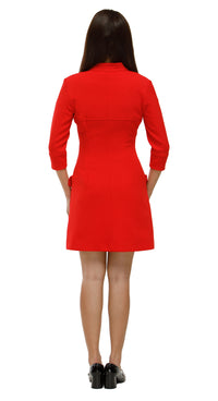Red dress worn by a person on a white background