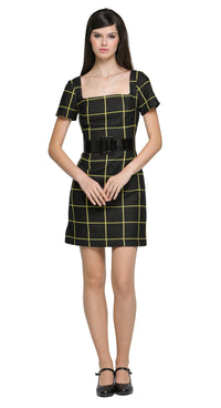 Stunning sixties-style dress in a black and yellow weave with a flattering squared, structured neckline that complements the flow of the pattern. The skirt has a slight A-line shape and is paired with an oversized, detachable black belt with a large buckle. 
It pairs perfectly with either our Yellow/Black Jacket with Square Neckline for added contrast or our Black/Yellow Coat with Square Neckline from this collection, creating an indisputably adorable, high-end autumn look. made of a heritage French mill we