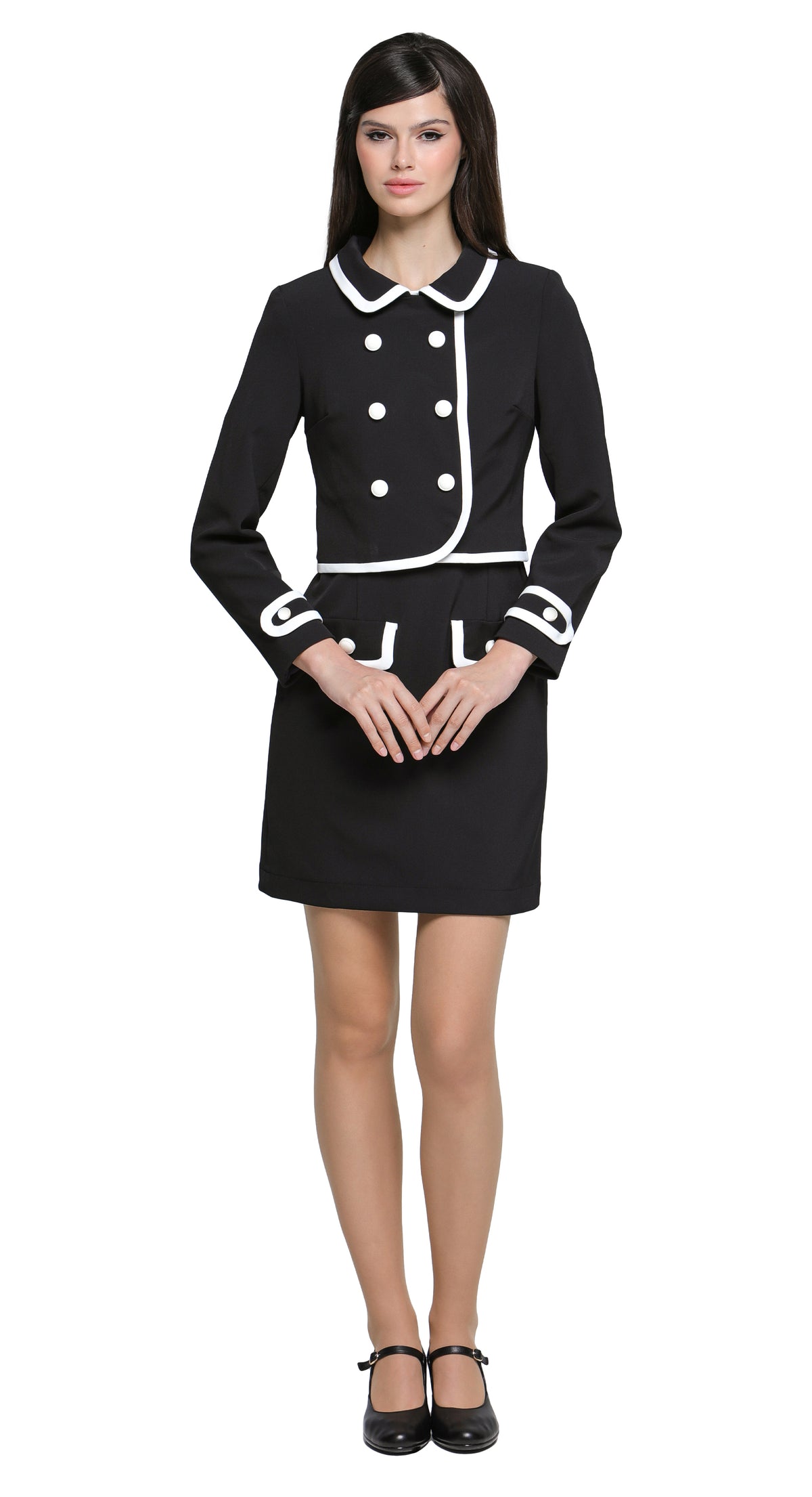 Cropped autumn classic-look jacket with contrasting detailing across the hem and collar, six-button detail, and contrasting outlined cuff epaulettes. A versatile piece to pair with a plain skirt or pants, but also pairs seamlessly with our Classic Black Dress with White Trim from this collection, offering a chic, wearable option for both leisure and professional looks.