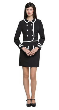 Cropped autumn classic-look jacket with contrasting detailing across the hem and collar, six-button detail, and contrasting outlined cuff epaulettes. A versatile piece to pair with a plain skirt or pants, but also pairs seamlessly with our Classic Black Dress with White Trim from this collection, offering a chic, wearable option for both leisure and professional looks.