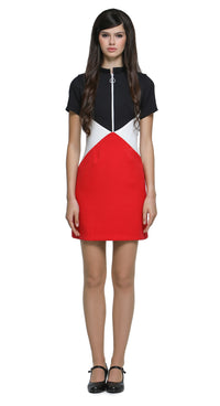An effortlessly wearable closet go-to; this casual, yet striking 1960s style, tri-colour dress is tailored for both work and play. Crafted in a bold combination of red, dark navy and white; this fitted piece holds timeless elegance with its retro-inspired front zip closure, stand-up collar, and short sleeves, lending itself to any setting. It's thoughtfully designed with discreet front pockets for both style and functionality.&nbsp;

Available as shown or customizable with alternative sleeve and hem lengths