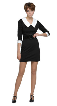 All-occasion, flattering-for-all-forms mod-style little black dress with oversized white collar and oversized big-buckle belt. Features contrast cuff detailing. Shown here with three-quarter length sleeves, but alternative sleeve options (sleeveless, short, or full) and hem lengths are available.