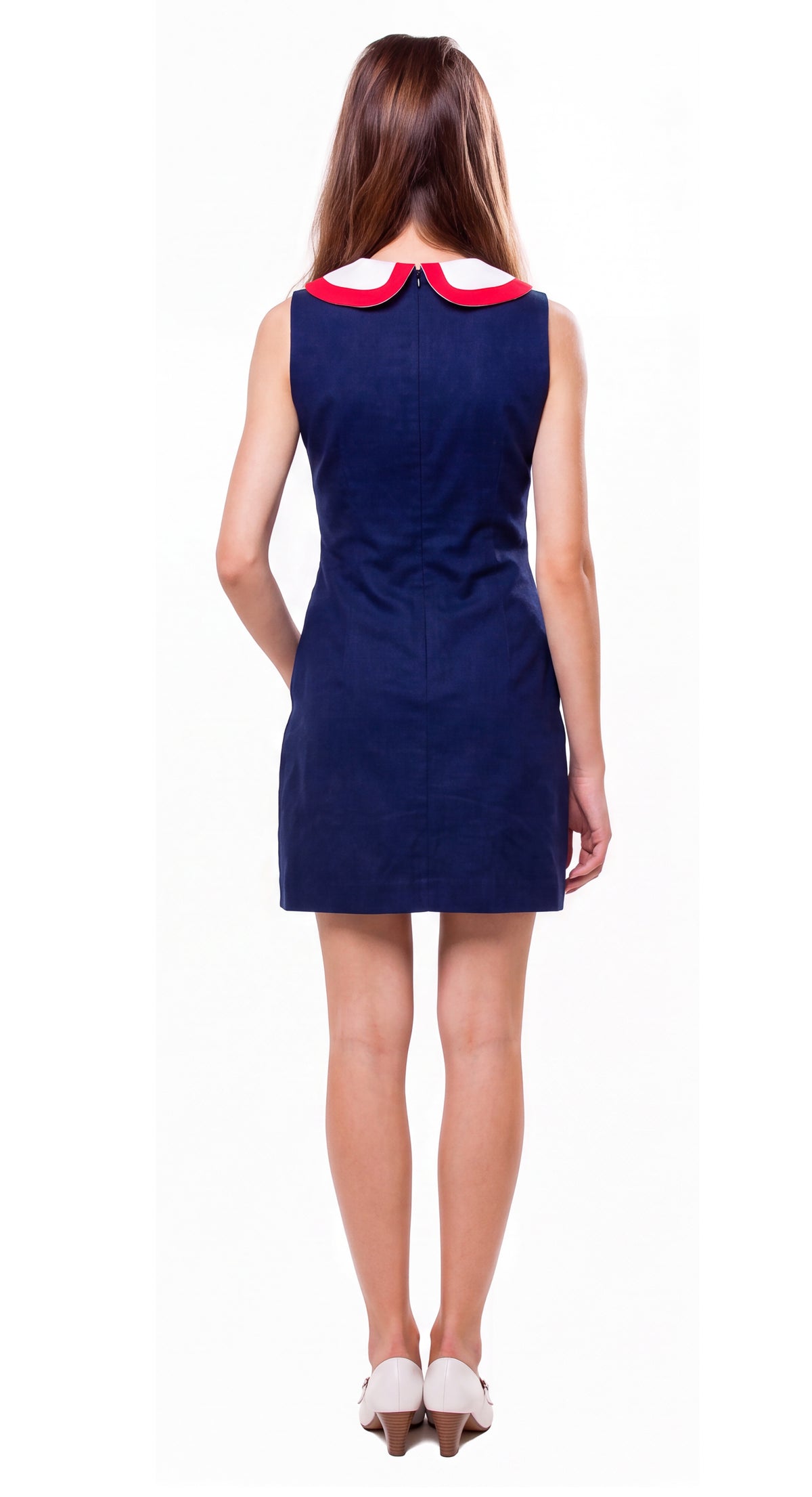 Navy blue 1960s mod dress with red and white circle pockets handmade by Marmalade