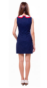 Navy blue 1960s mod dress with red and white circle pockets handmade by Marmalade