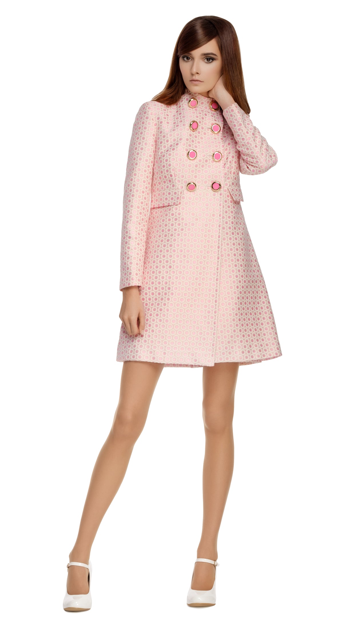 Retro Style Pink Dot Jacquard Coat: SIZE L