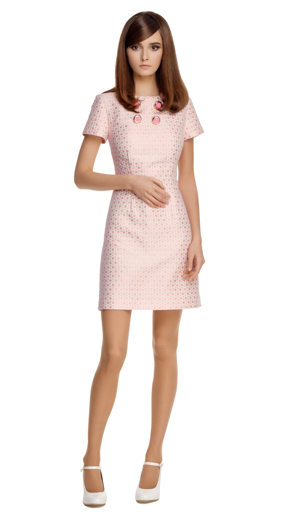 Retro Style Pink Dot Jacquard Dress: SIZE L