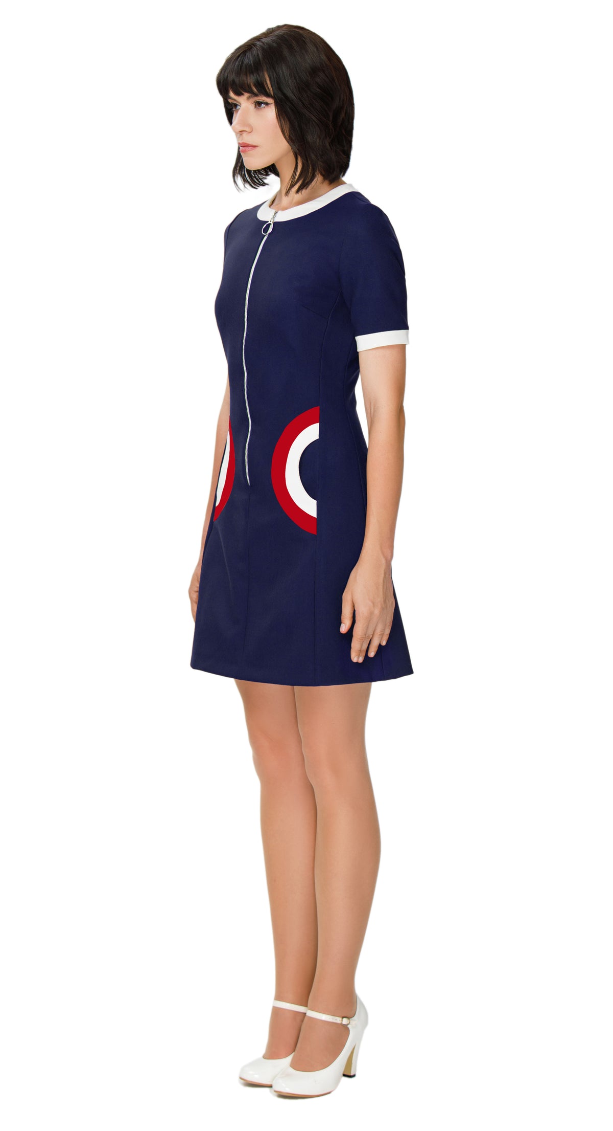 Retro Autumn Dress with Two-Tone Half Circle Pockets; Navy Blue