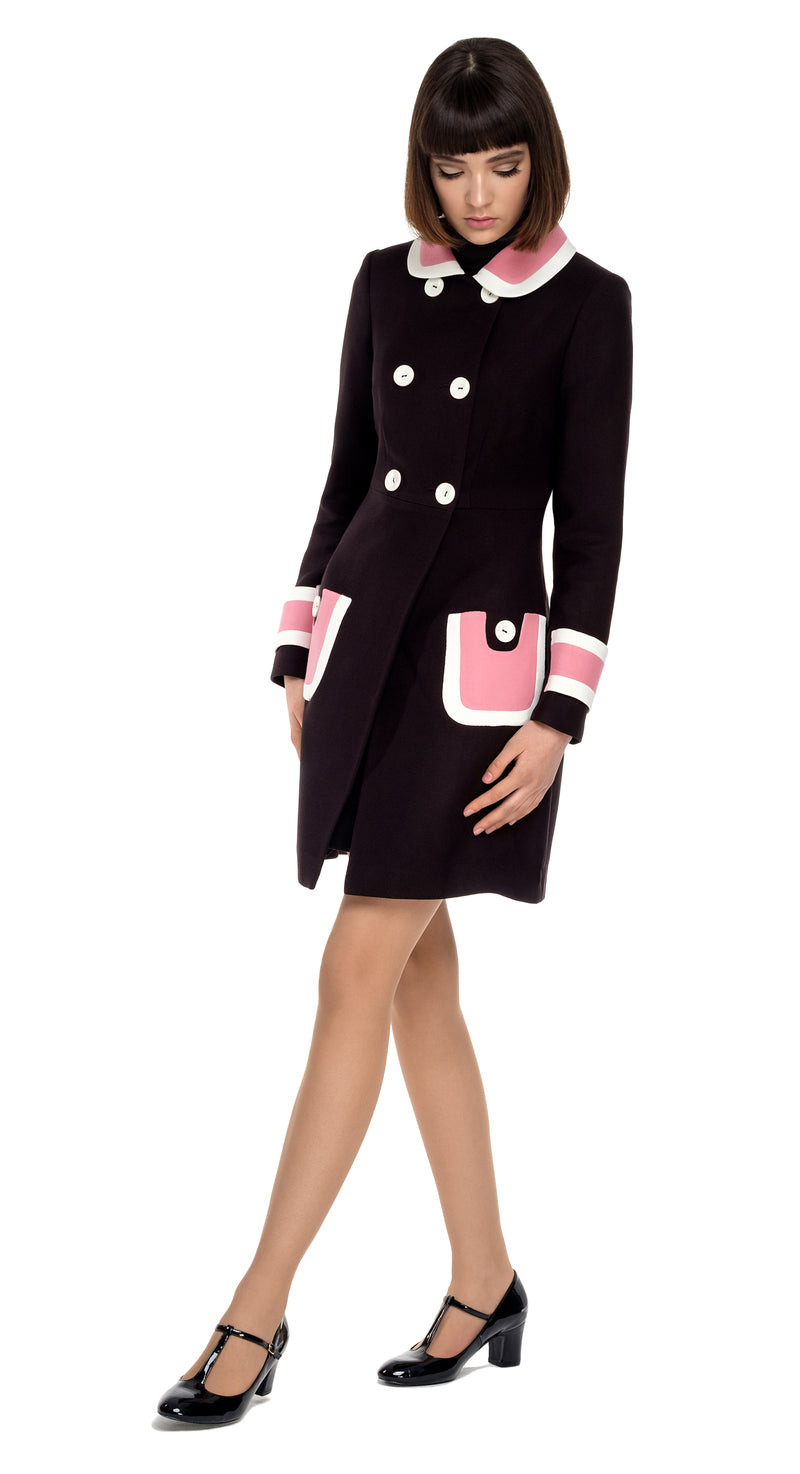 MARMALADE Retro Style Black Coat with Pink/Cream Trim