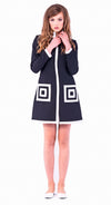 Elevate your autumn-winter style with our medium-weight Italian fair-weather coat. This black/light cream, sixties-inspired full-length coat seamlessly combines classic design with modern comfort; it’s perfect for various occasions. The standout feature is the very intricate geometric pocket detailing, adding a touch of drama to this elegant piece. Stay warm, stylish, and conversation-ready this season.
