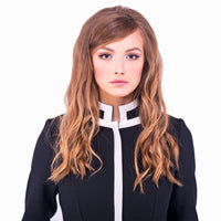 Elevate your autumn-winter style with our medium-weight Italian fair-weather coat. This black/light cream, sixties-inspired full-length coat seamlessly combines classic design with modern comfort; it’s perfect for various occasions. The standout feature is the very intricate geometric pocket detailing, adding a touch of drama to this elegant piece. Stay warm, stylish, and conversation-ready this season.