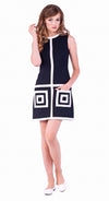 This black/light cream, sixties-inspired dress seamlessly combines classic design with modern comfort; it’s perfect for various occasions. The standout feature is the very intricate geometric pocket detailing, adding a touch of drama to this elegant piece.