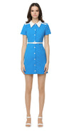 Fitted button down retro Americana spring dress with short sleeves and a uniform inspired silhouette. Shoulder stripe detailing, classic shirt collar and detachable belt. A confident, easy to wear any occasion go-to dress for big nights out with heels or as a comfy effortless entrance maker knocking about the city in kicks.  Choose bespoke for custom measurements, to alternate colour, to amend sleeve and/or hem length.