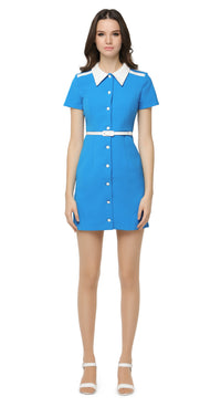 Fitted button down retro Americana spring dress with short sleeves and a uniform inspired silhouette. Shoulder stripe detailing, classic shirt collar and detachable belt. A confident, easy to wear any occasion go-to dress for big nights out with heels or as a comfy effortless entrance maker knocking about the city in kicks.  Choose bespoke for custom measurements, to alternate colour, to amend sleeve and/or hem length.