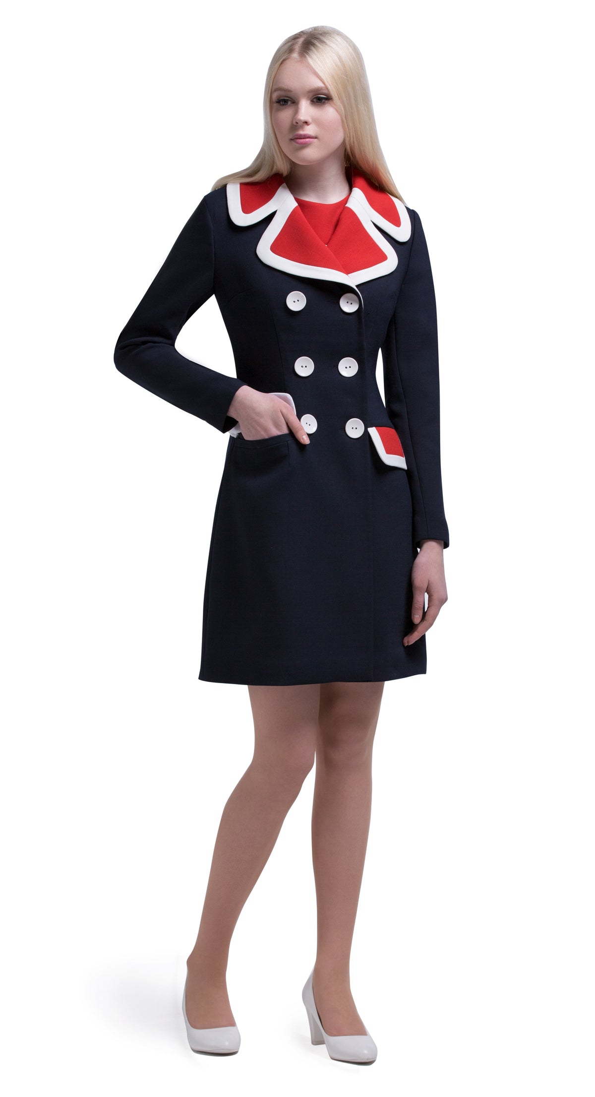 This straight cut sixties tri-colour mod dress has a contrasting top and decorative faux pockets. This medium weight Italian mill fabric provides a bit of stretch.  Short sleeve with white trim.  Pairs perfectly with our matching double breasted coat to create a fabulous high fashion set.  Choose bespoke for alternative sleeve lengths.