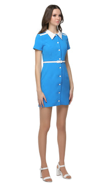 Fitted button down retro Americana spring dress with short sleeves and a uniform inspired silhouette. Shoulder stripe detailing, classic shirt collar and detachable belt. A confident, easy to wear any occasion go-to dress for big nights out with heels or as a comfy effortless entrance maker knocking about the city in kicks.  Choose bespoke for custom measurements, to alternate colour, to amend sleeve and/or hem length.
