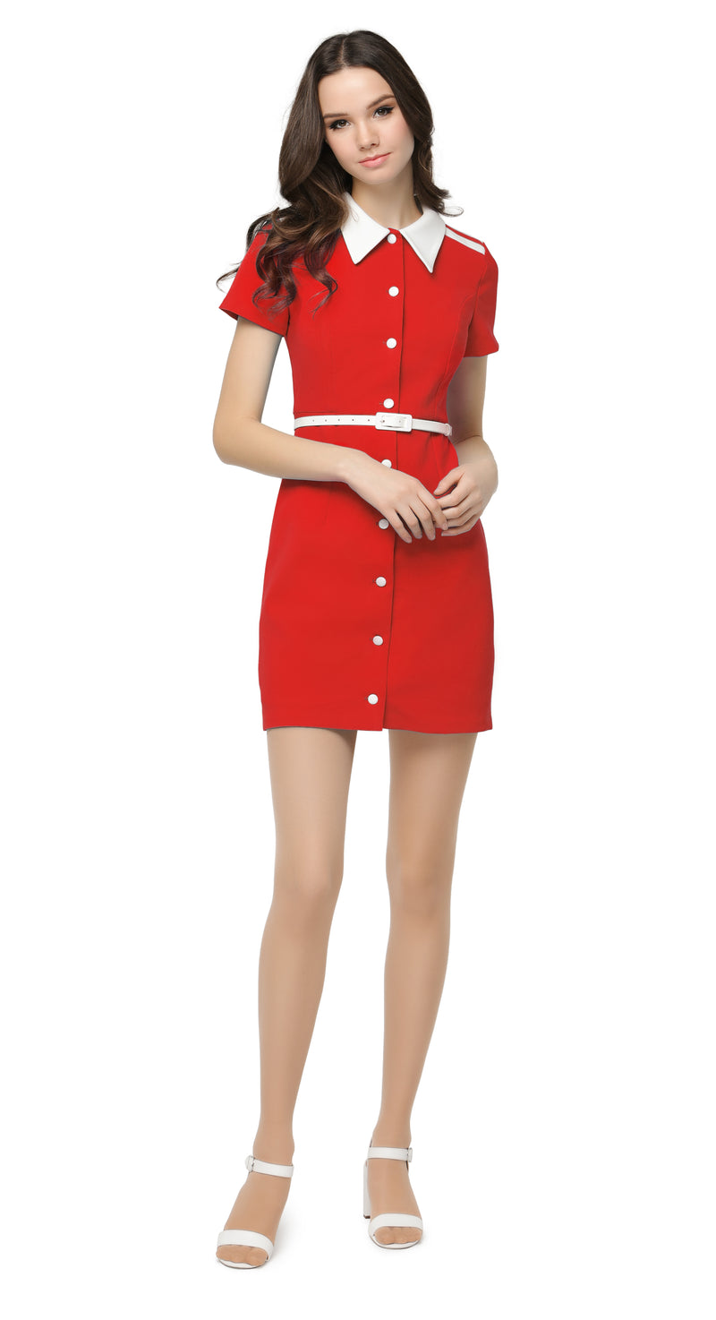 Fitted button down retro Americana spring dress with short sleeves and a uniform inspired silhouette. Shoulder stripe detailing, classic shirt collar and detachable belt. A confident, easy to wear any occasion go-to dress for big nights out with heels or as a comfy effortless entrance maker knocking about the city in kicks.  Choose bespoke for custom measurements, to alternate colour, to amend sleeve and/or hem length.