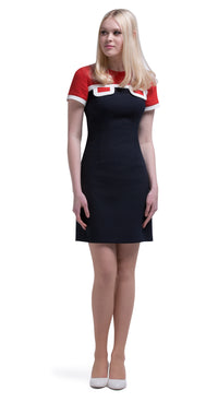 This straight cut sixties tri-colour mod dress has a contrasting top and decorative faux pockets. This medium weight Italian mill fabric provides a bit of stretch.  Short sleeve with white trim.  Pairs perfectly with our matching double breasted coat to create a fabulous high fashion set.  Choose bespoke for alternative sleeve lengths.