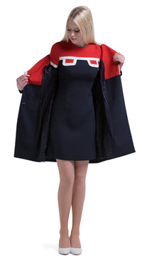 This straight cut sixties tri-colour mod dress has a contrasting top and decorative faux pockets. This medium weight Italian mill fabric provides a bit of stretch.  Short sleeve with white trim.  Pairs perfectly with our matching double breasted coat to create a fabulous high fashion set.  Choose bespoke for alternative sleeve lengths.