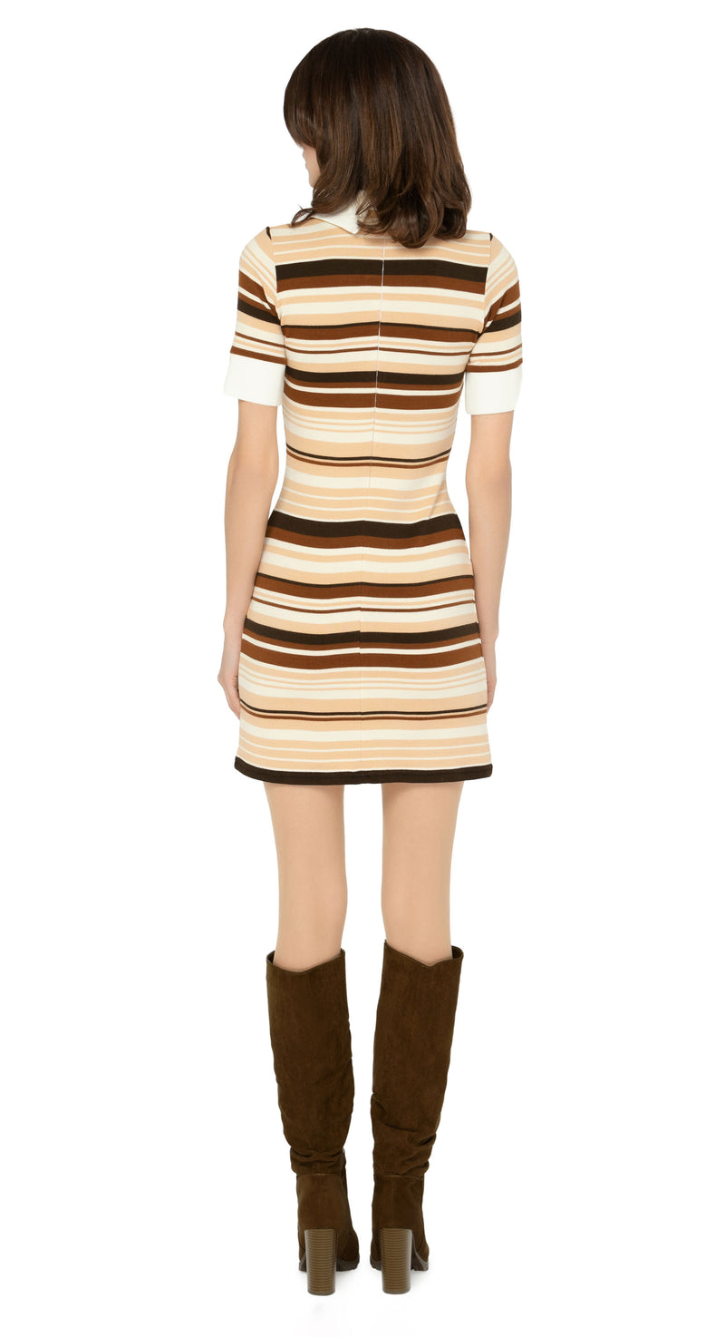 Retro striped Italian jersey dress with light cream collar, four button detail placket and light cream bands on the sleeves.  An effortlessly cool and comfy seventies style, go-to for work-or-play in earthy colour tones.  Choose bespoke to alternate sleeve length to mid or full or to alternate the hem length.