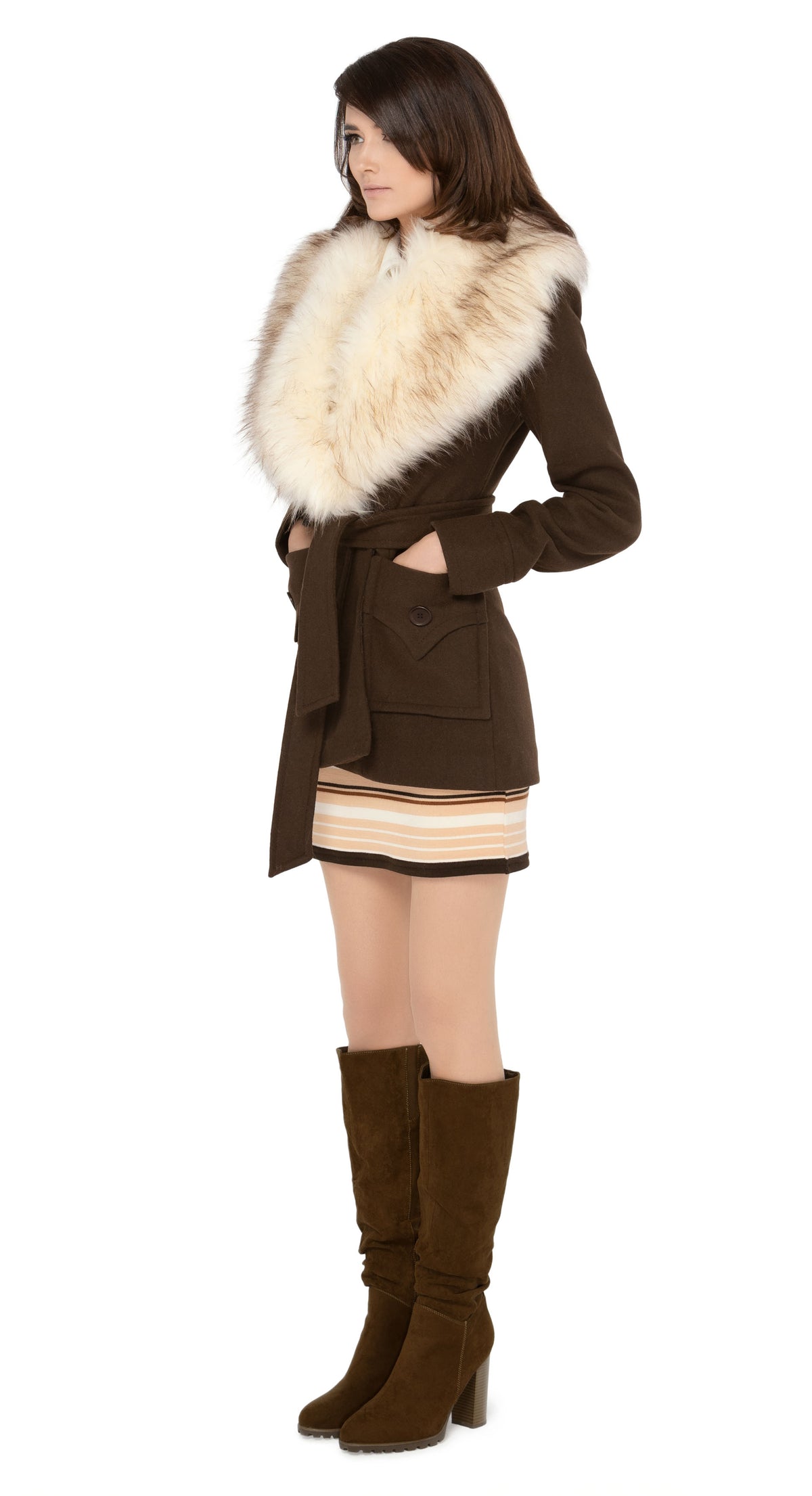 Immediately striking seventies winter jacket with indistinguishable from the real thing cruelty free cream oversized faux fur collar, top stitched deep essentials front pockets and belt closure.   Cozy, comfy and cool.  Pairs well with our 1970s Style Jersey Dress to complete the look.  Unsure of your size? Use our chat feature.