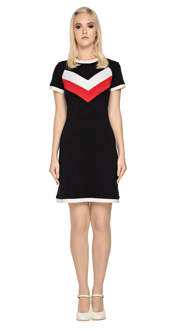 Tri-colour fitted medium weight Italian jersey dress with modernist chevron design.  Dark navy body with red and light cream contrast. Light cream hem and cuff detailing add to the retro look. Ideal & comfortable work or play wear with a high fashion presence.  Pairs incredibly with our Tri-Colour Jersey Jacket for an undeniably cool and casual set.  Fabric provides generous stretch. Back zipper closure.