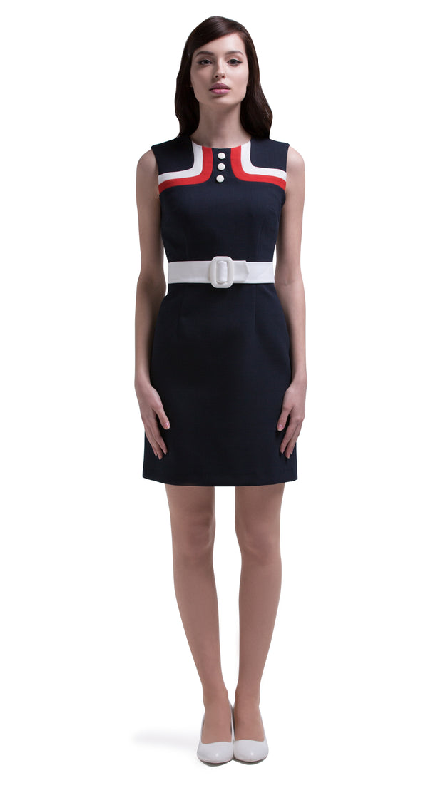 This straight cut mod style sleeveless dress has distinguished tricolour bodice detailing, three neckline buttons and a thick light cream coloured waistline belt. Italian fabric, fully lined. A versatile wardrobe addition for at-work or play. Pairs perfectly with our matching coat to complete a casual but impacting look.  Choose bespoke for short, capped or medium length sleeves.