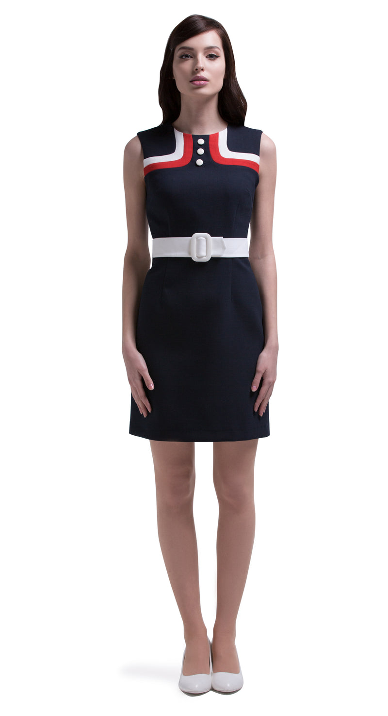 This straight cut mod style sleeveless dress has distinguished tricolour bodice detailing, three neckline buttons and a thick light cream coloured waistline belt. Italian fabric, fully lined. A versatile wardrobe addition for at-work or play. Pairs perfectly with our matching coat to complete a casual but impacting look.  Choose bespoke for short, capped or medium length sleeves.