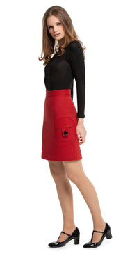 Sixties mid-length Italian mill all-occasion skirt with pronounced functioning mod circle pockets and black button closure detailing. The skirt is as-shown and worn with a standard black top which is not included.  Choose bespoke to alternate skirt colours/length or contact us to discuss this outfit being available as a one piece dress with a fitted bodice.