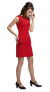 mmediately sixties, immediately striking red Italian mill, all occasion dress with dramatic, functioning, mod circle pockets and black closure detailing. A sleeveless cut with circular neckline and buttoned shoulder tabs.  Pairs perfectly with the red circle pocket coat.  Choose bespoke to alternate colour or to add desired length sleeves.