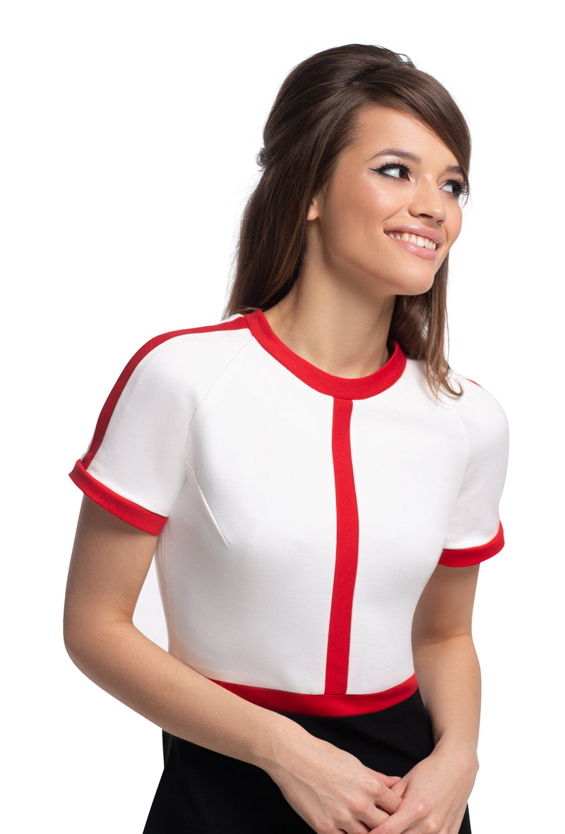 Any occasion, work or play, casual, fitted, vintage inspired medium-weight Italian jersey dress in the timeless tri-colours; black/red/light cream or navy blue/red/light cream. Dressed up by way of heels, or casually down by way of flats or kicks. Generous stretch, high quality Italian mill jersey. A comfortably cool spring look.   Choose bespoke for alternative colours or to increase sleeve length.