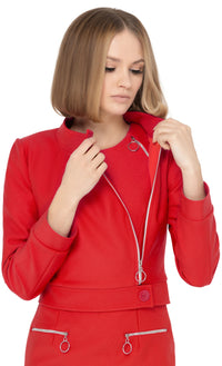 Our bold red jacket is a statement piece that announces arrival. The stunningly tailored aesthetic of this piece is immediately visible within the collar design and retro offset looped front zipper closure. Our seasoned pattern makers have outdone themselves with this superb example of a modern cool aesthetic. This set is made to be worn as an entrance-making ensemble when paired with 60s Style Red Dress with 4 Zippers from our spring collection.