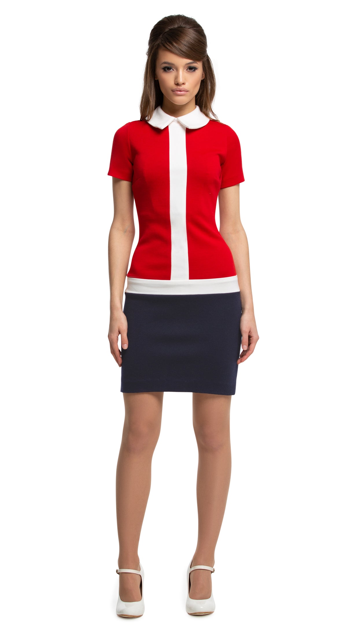 Any occasion, work or play, casual, fitted 1960s style jersey dress in the timeless tri-colour of red/light cream/navy blue. Dressed up by way of heels, or casually down by way of flats or kicks. Generous stretch, high quality Italian mill jersey. Another comfortably cool Spring look.  Choose bespoke to alternate the colours on the bodice and the skirt or increase sleeve length.