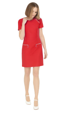 Our stunning fitted sixties dress in knock ‘em dead red. Functional front pockets keeping your hands free and matching retro loop zip shoulder detailing for attentive to style continuity. The short sleeves and rounded neck provide a comfortable and flattering fit.