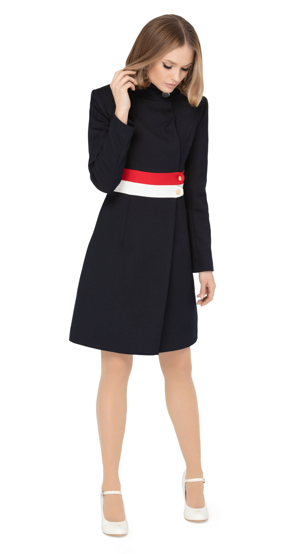 Fitted tricolor fair-weather coat with navy blue as the primary colours leading into light cream and red bands around the waistline. Fully lined with a gold coloured button closure and invisible essentials side pockets.  Pairs well with our Sixties Style Navy/Red/Light Cream Dress to complete a very wearable and versatile high fashion style for all occasions.