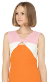 This gorgeous, sixties style dress is a perfect fit for springtime occasions. The fitted silhouette, sleeveless design, and structured pale pink shoulder panels lead to a white band and an orange body. The dress also features a feminine cutout with a dainty bow, and a v-neckline. Fully lined for comfort, this dress is sure to turn heads with its choice of flattering feminine details and easy to pair to color scheme.