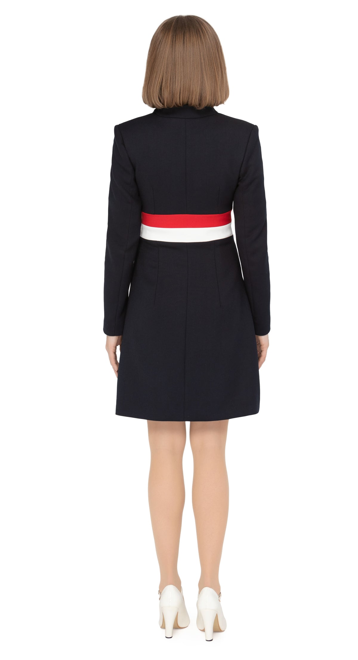 Fitted tricolor fair-weather coat with navy blue as the primary colours leading into light cream and red bands around the waistline. Fully lined with a gold coloured button closure and invisible essentials side pockets.  Pairs well with our Sixties Style Navy/Red/Light Cream Dress to complete a very wearable and versatile high fashion style for all occasions.