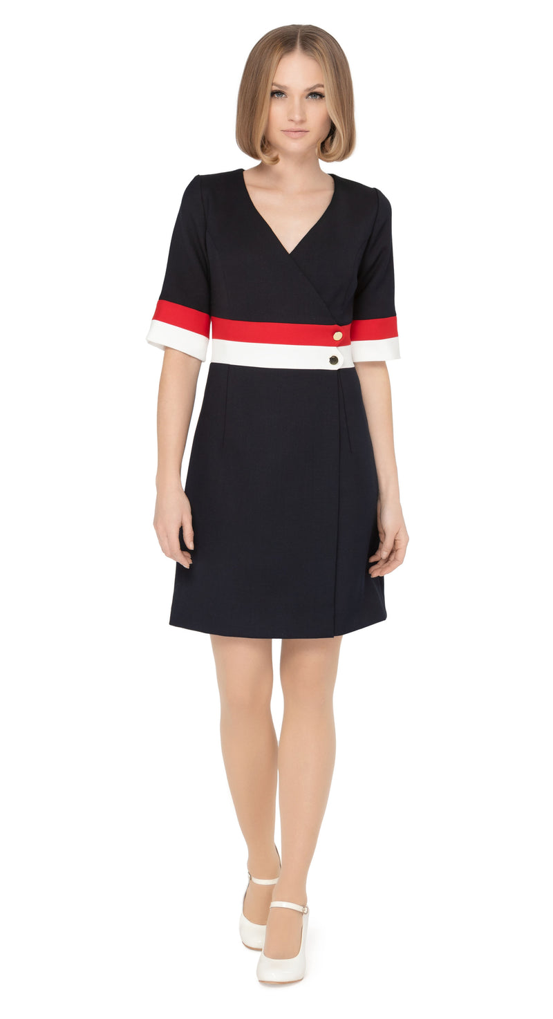 Elegant open neckline tri-colour work-or-play dress with navy blue as the primary colour leading into light cream and red bands on waistline and cuffs with two decorative gold coloured buttons.  Pairs perfectly with our Sixties Style Navy/Red/Light Cream Coat to complete a very wearable and versatile high fashion style for all occasions.