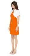 Vintage sport inspired dress; casual, cool and immediately spring. This fitted, slightly A-line dress features a classic oversized 70s style collar and imaginative contrasting paneling across the torso and neckline, giving it a modern twist on European sports styles of the sixties and seventies. The retro looped zipper front closure and short sleeves add to its vintage charm.