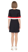 Elegant open neckline tri-colour work-or-play dress with navy blue as the primary colour leading into light cream and red bands on waistline and cuffs with two decorative gold coloured buttons.  Pairs perfectly with our Sixties Style Navy/Red/Light Cream Coat to complete a very wearable and versatile high fashion style for all occasions.