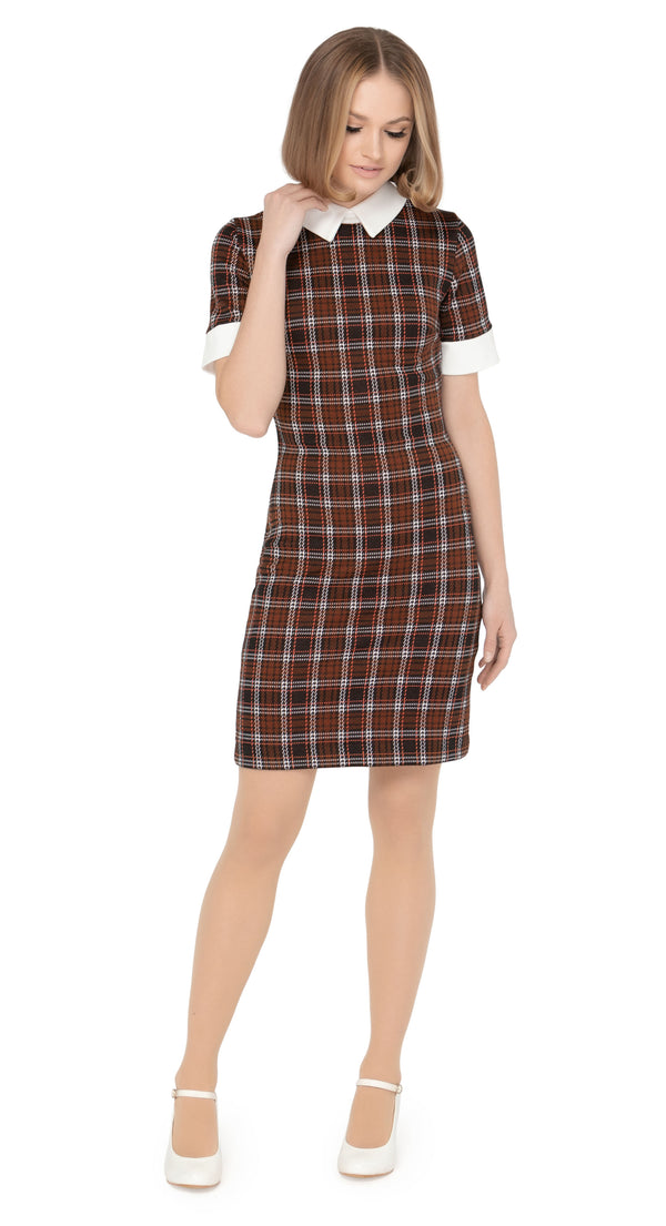 Brown seventies style plaid Italian jersey dress with short sleeves and white collar and cuffs. A comfortable, work-or-play, dressed up or down closet go-to.  Choose bespoke to choose sleeve or hem lengths to suit personal preference.  Unsure of your size? Use our chat feature.