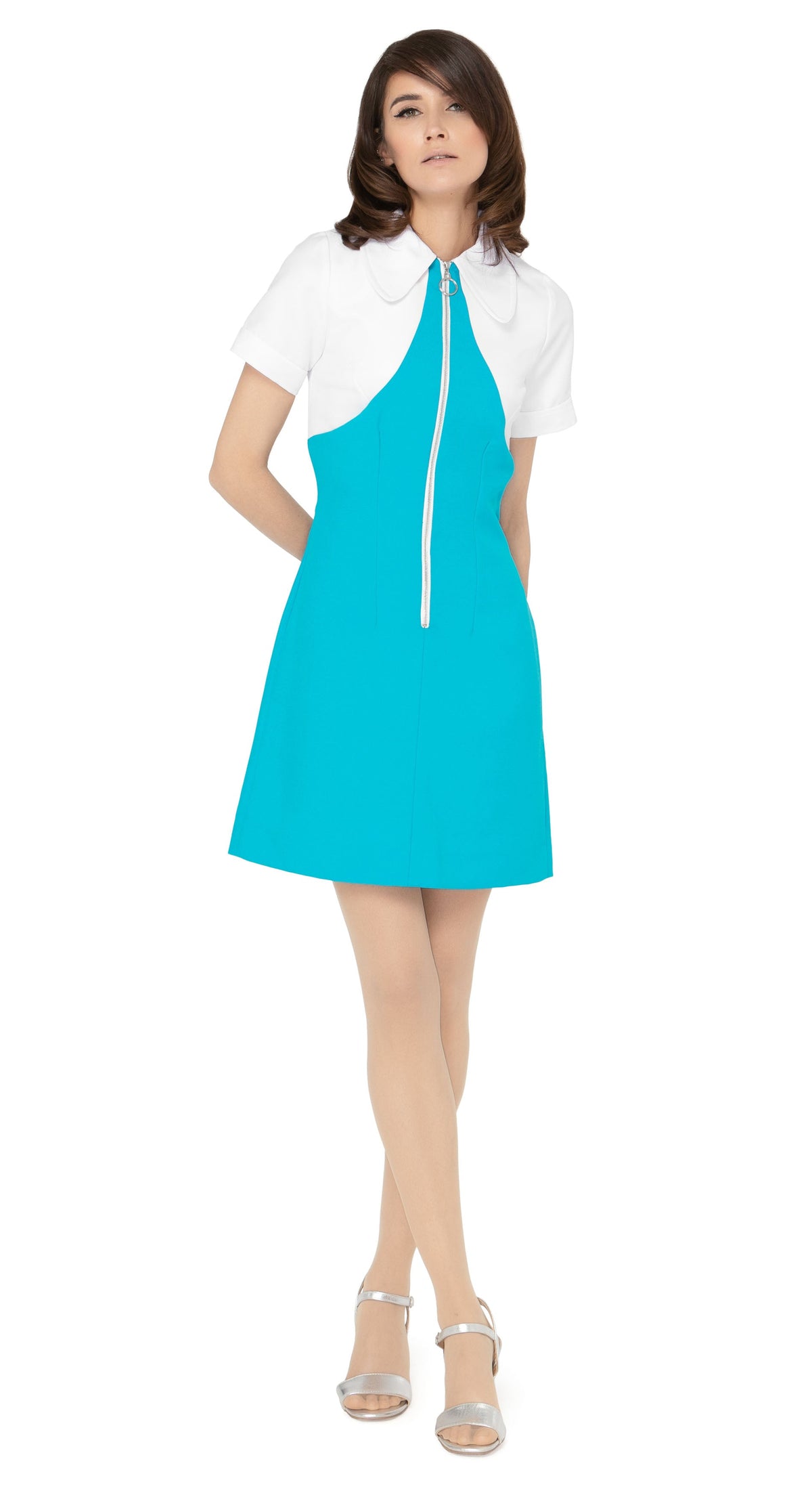 Vintage sport inspired dress, Casual, cool and immediately spring. This fitted, slightly A-line dress features a classic oversized 70s style collar and imaginative contrasting paneling across the skirting, torso, and neckline, giving it a modern twist on European sports styles of the sixties and seventies. The retro looped zipper front closure and short sleeves add to its vintage charm.