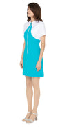 Vintage sport inspired dress; casual, cool and immediately spring. This fitted, slightly A-line dress features a classic oversized 70s style collar and imaginative contrasting paneling across the torso and neckline, giving it a modern twist on European sports styles of the sixties and seventies. The retro looped zipper front closure and short sleeves add to its vintage charm.