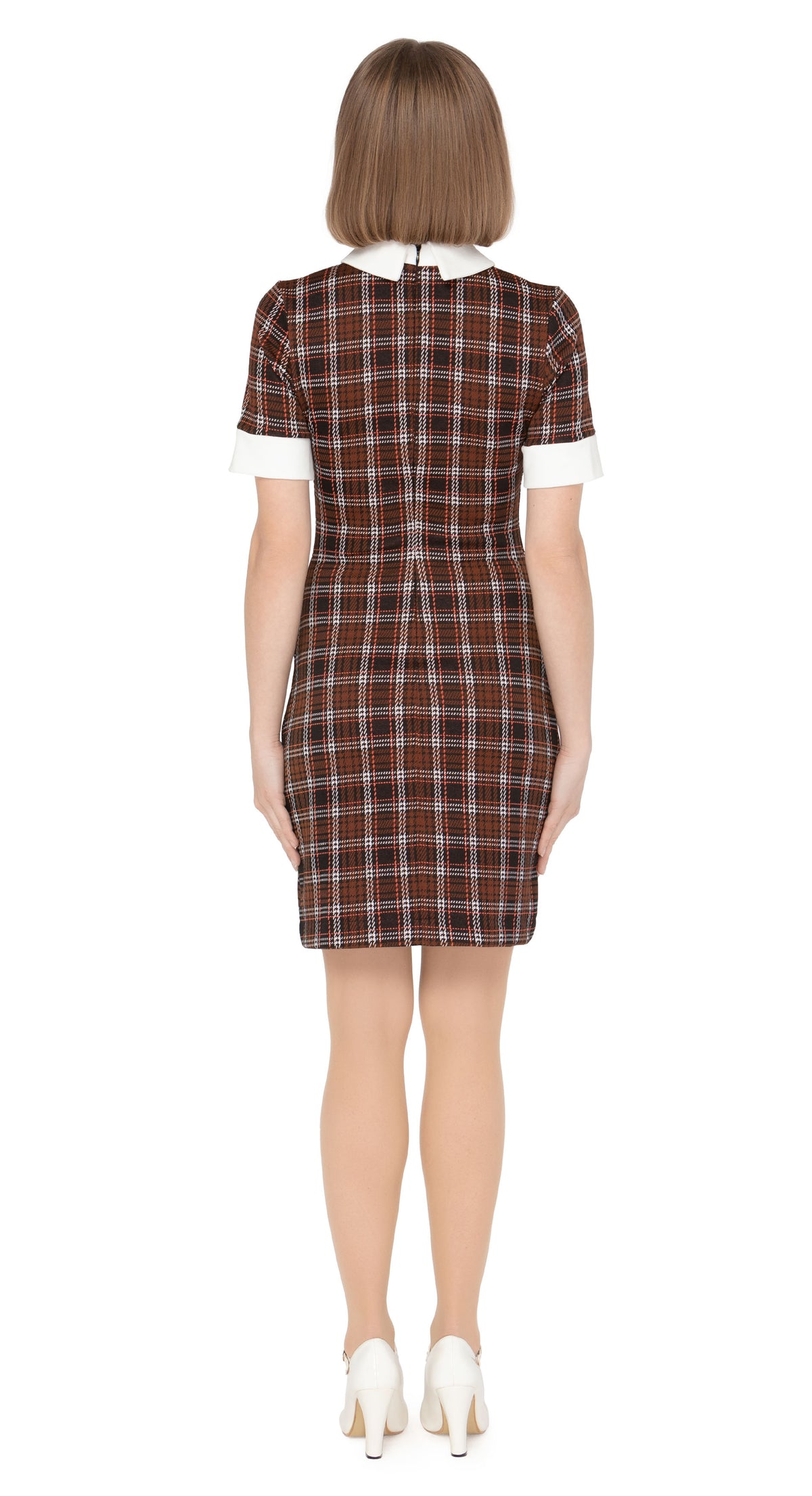 Brown seventies style plaid Italian jersey dress with short sleeves and white collar and cuffs. A comfortable, work-or-play, dressed up or down closet go-to.  Choose bespoke to choose sleeve or hem lengths to suit personal preference.  Unsure of your size? Use our chat feature.