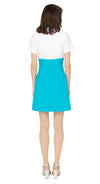 Vintage sport inspired dress; casual, cool and immediately spring. This fitted, slightly A-line dress features a classic oversized 70s style collar and imaginative contrasting paneling across the torso and neckline, giving it a modern twist on European sports styles of the sixties and seventies. The retro looped zipper front closure and short sleeves add to its vintage charm.