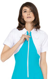 Vintage sport inspired dress; casual, cool and immediately spring. This fitted, slightly A-line dress features a classic oversized 70s style collar and imaginative contrasting paneling across the torso and neckline, giving it a modern twist on European sports styles of the sixties and seventies. The retro looped zipper front closure and short sleeves add to its vintage charm.