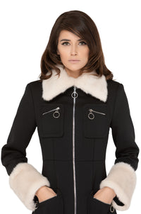 1960s Style Coat with Detachable Faux Fur: Black