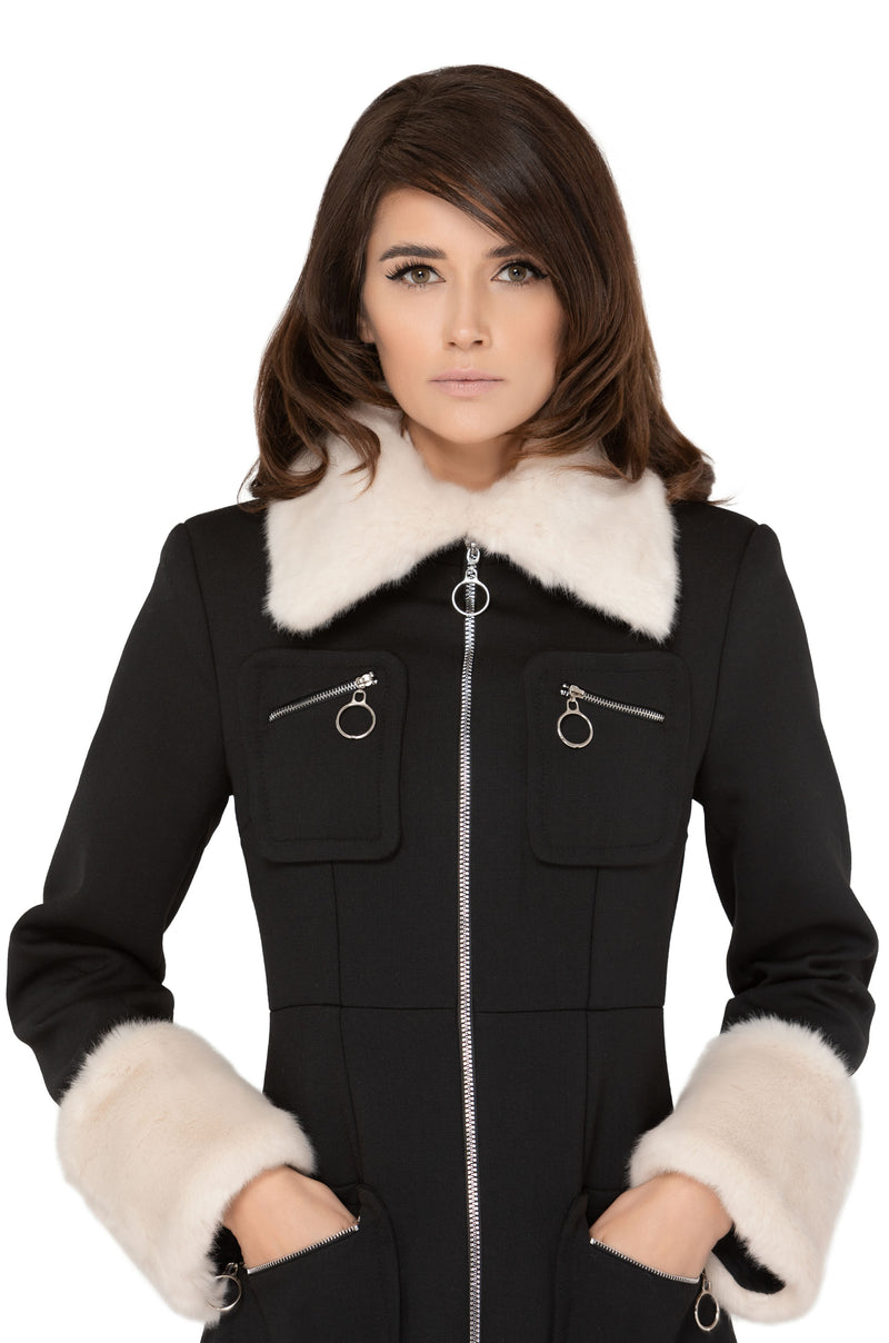 MARMALADE 1960s Style Coat with Detachable Faux Fur: Black