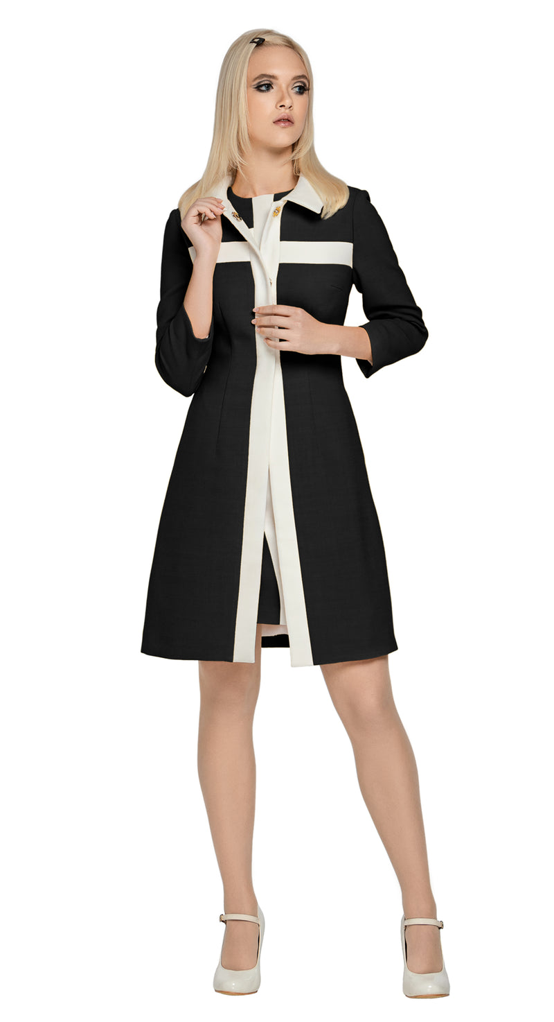 A classic Spring coat in black Italian fabric with complimenting cream detail. A light cream detachable bow assists in dressing this piece up or down.  This fully lined coat pairs perfectly with our 60s Style Light Black/Light Cream Dress.  Choose bespoke to for different colour combinations (please inquire).